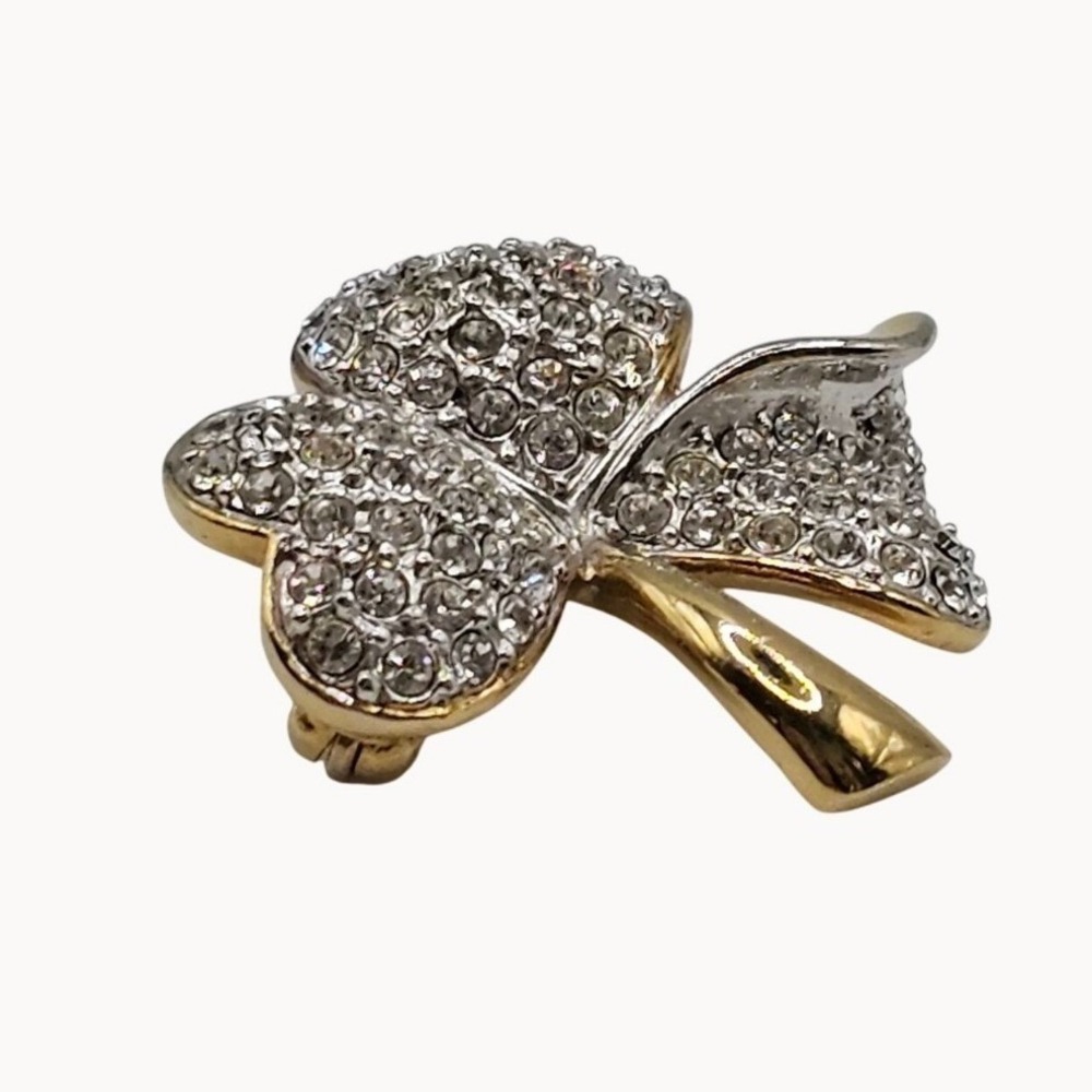 Tara Shamrock Rhinestone Brooch Gold Tone Irish St Patricks Day Lucky Clover Pin - Picture 7 of 11